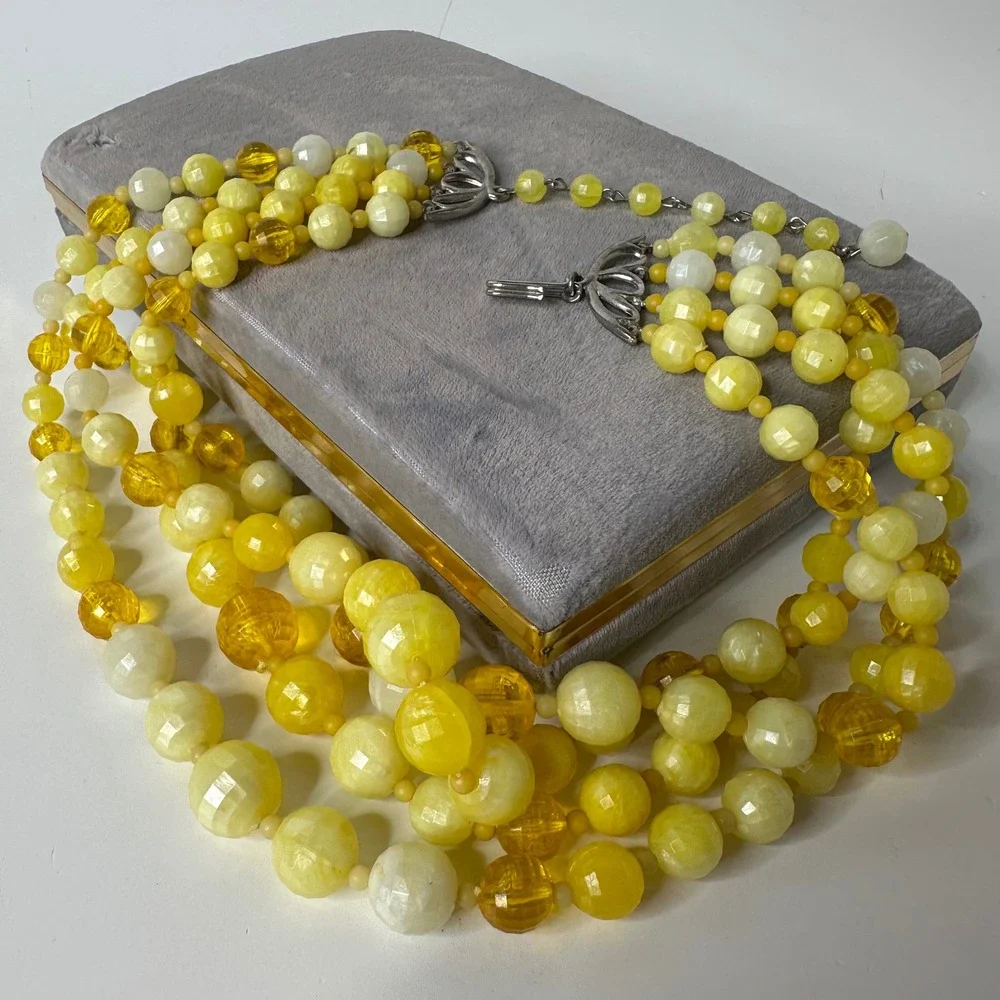 Vintage Yellow Beaded‎ Four Strand Statement Necklace Plastic Layered Sunny Mod
